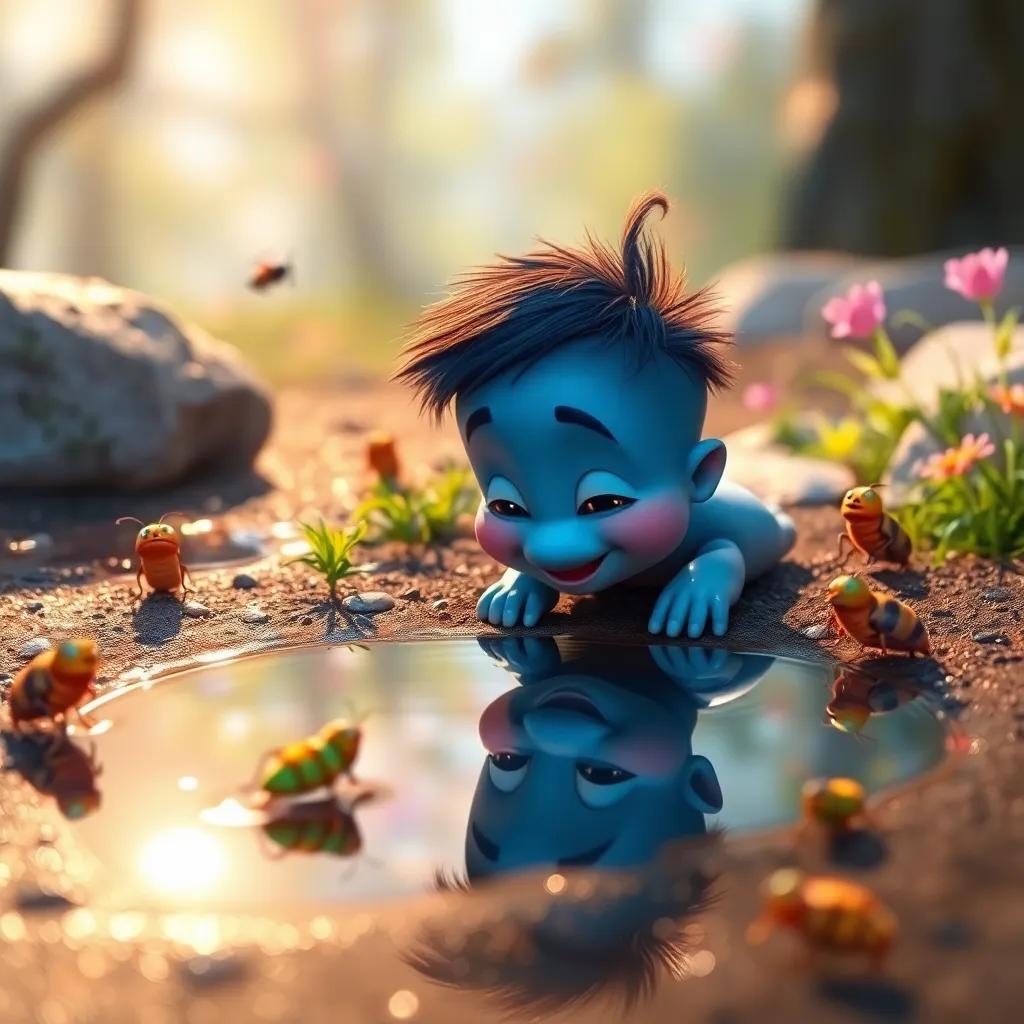 Santi looking at his reflection in a small puddle, smiling, surrounded by cheerful insects, with a shimmering effect on the water, whimsical scene, vibrant colors, high quality