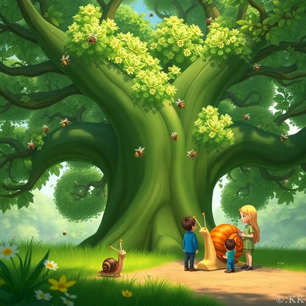 A big green tree with buzzing bees, Santi the snail sharing knowledge with his friends, everyone enjoying the beauty of nature, inviting atmosphere, cheerful colors, high quality