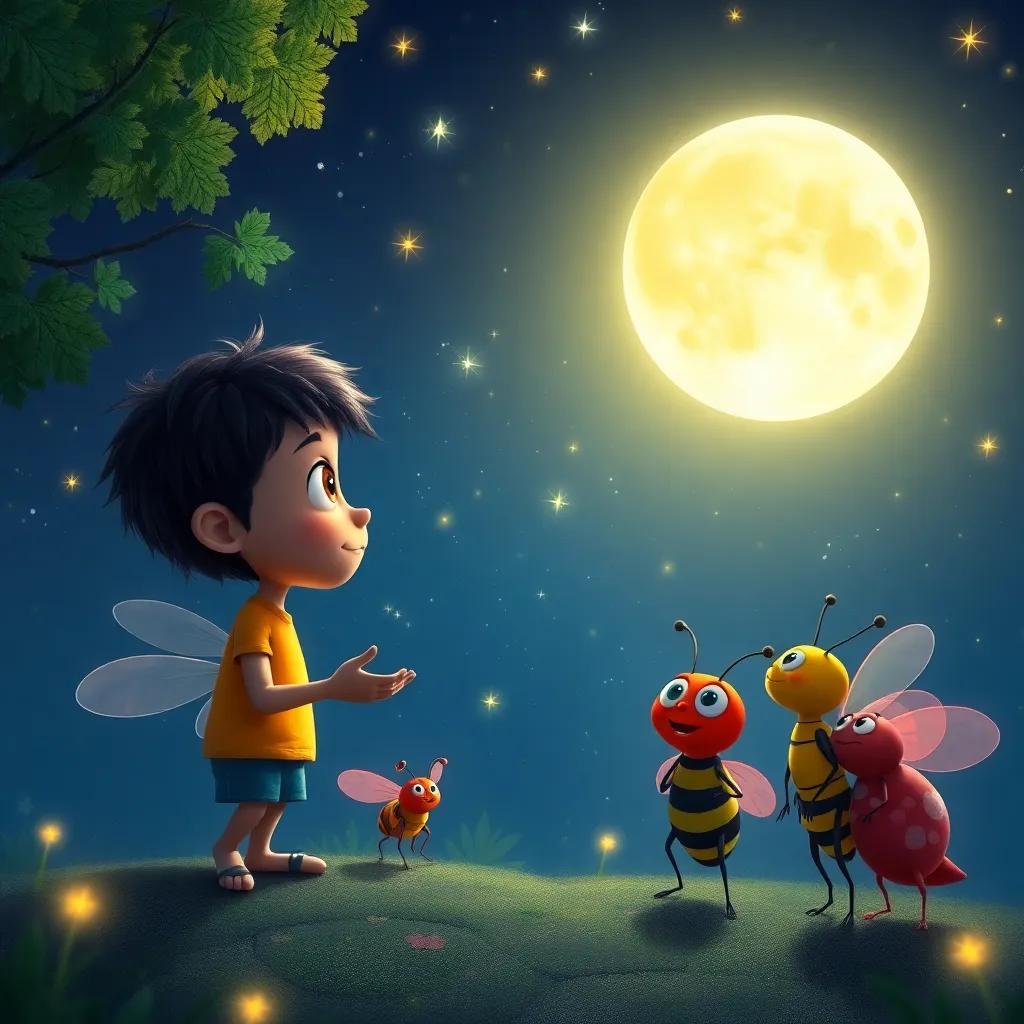 Santi describing the bright stars and moon to his fascinated insect friends at night, a magical scene with twinkling stars, enchanting ambiance, colorful, child-friendly