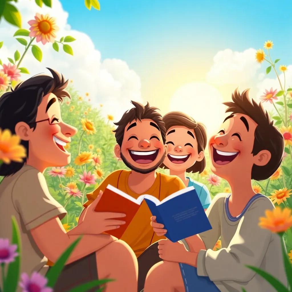 Friends of Santi laughing and enjoying his stories under the sun in the garden, everyone feeling joyful and content, lively atmosphere, bright colors, high quality
