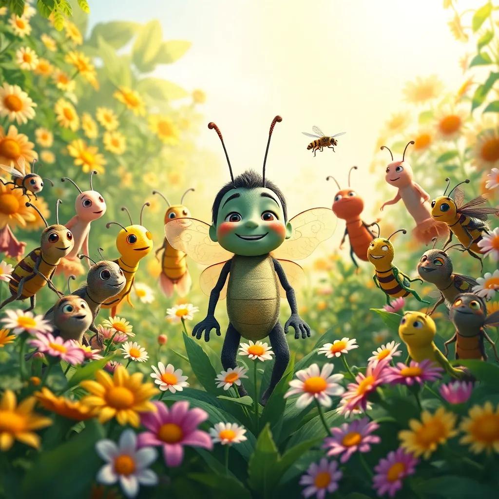Santi in the center of the garden, being celebrated by all his insect friends, flowers and sunlight surrounding them, heartwarming scene, cheerful and colorful, high quality