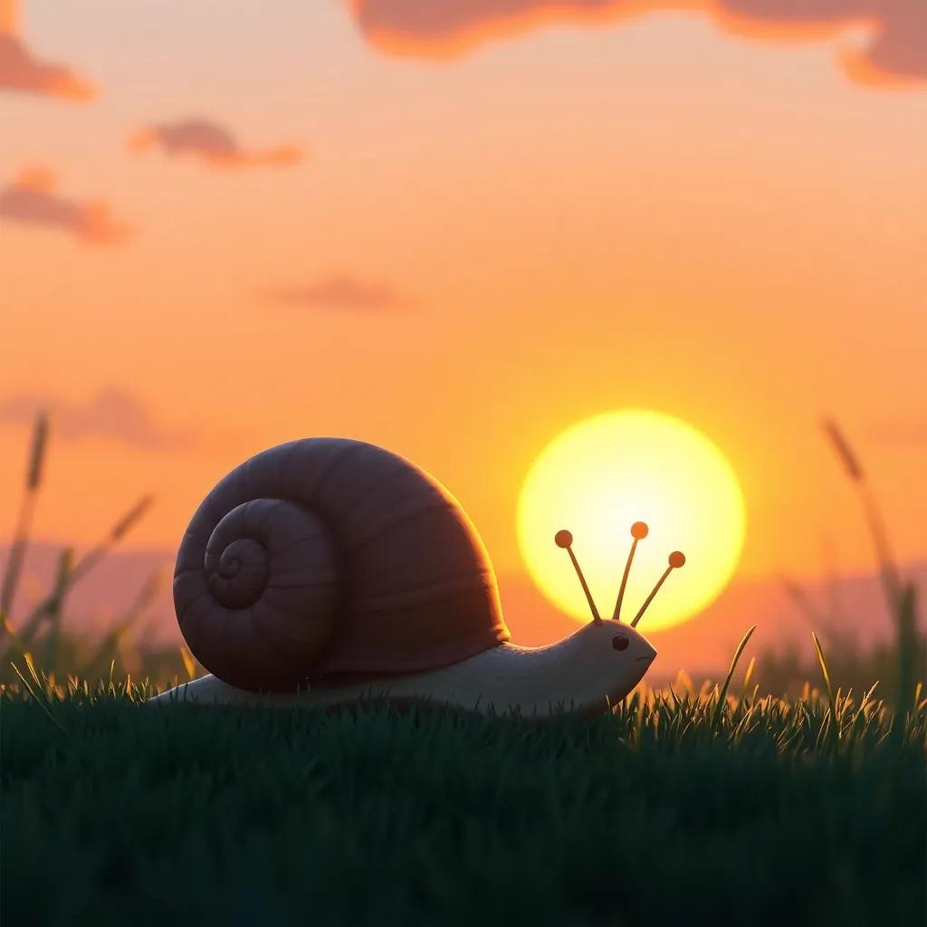 Santi, the snail, in a gentle sunset, finishing his tale and looking forward to the next one, a peaceful ending with a warm glow, soft colors, high quality