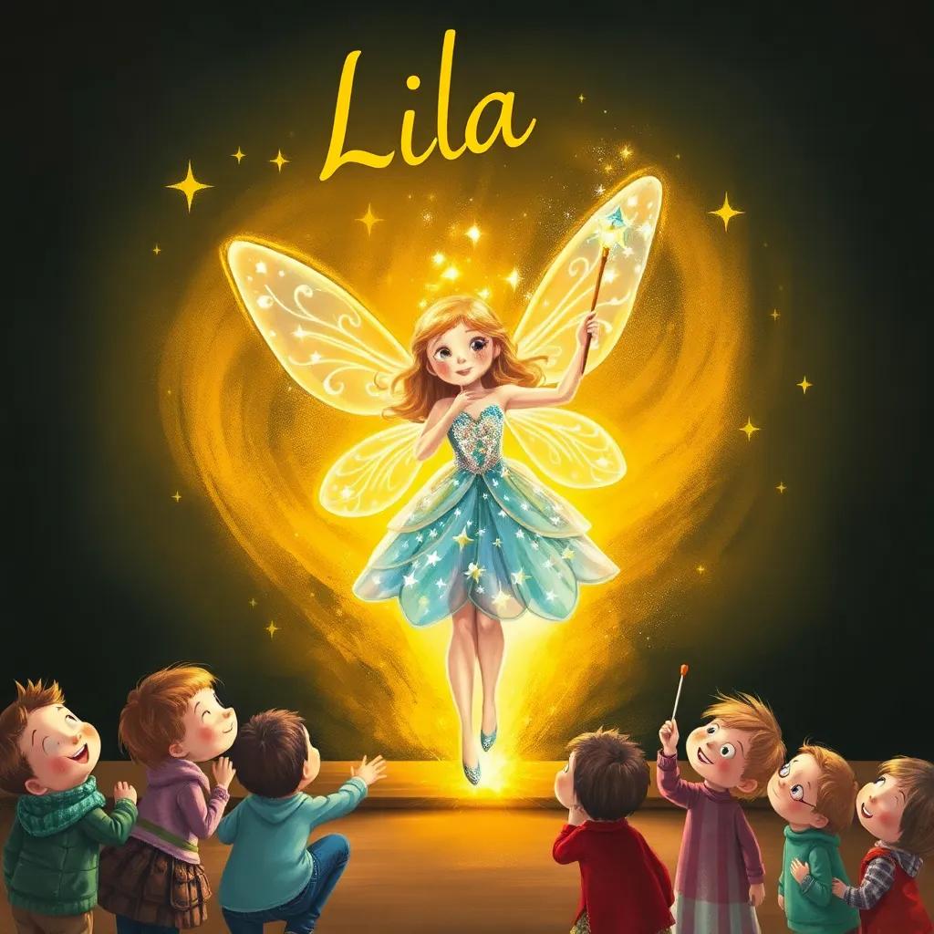 A sparkling fairy named Lila, emerging from a golden glow on a blackboard, wearing a beautiful dress with stars, holding a magic wand, surrounded by amazed children, warm light, enchanting, fairytale atmosphere, highly detailed