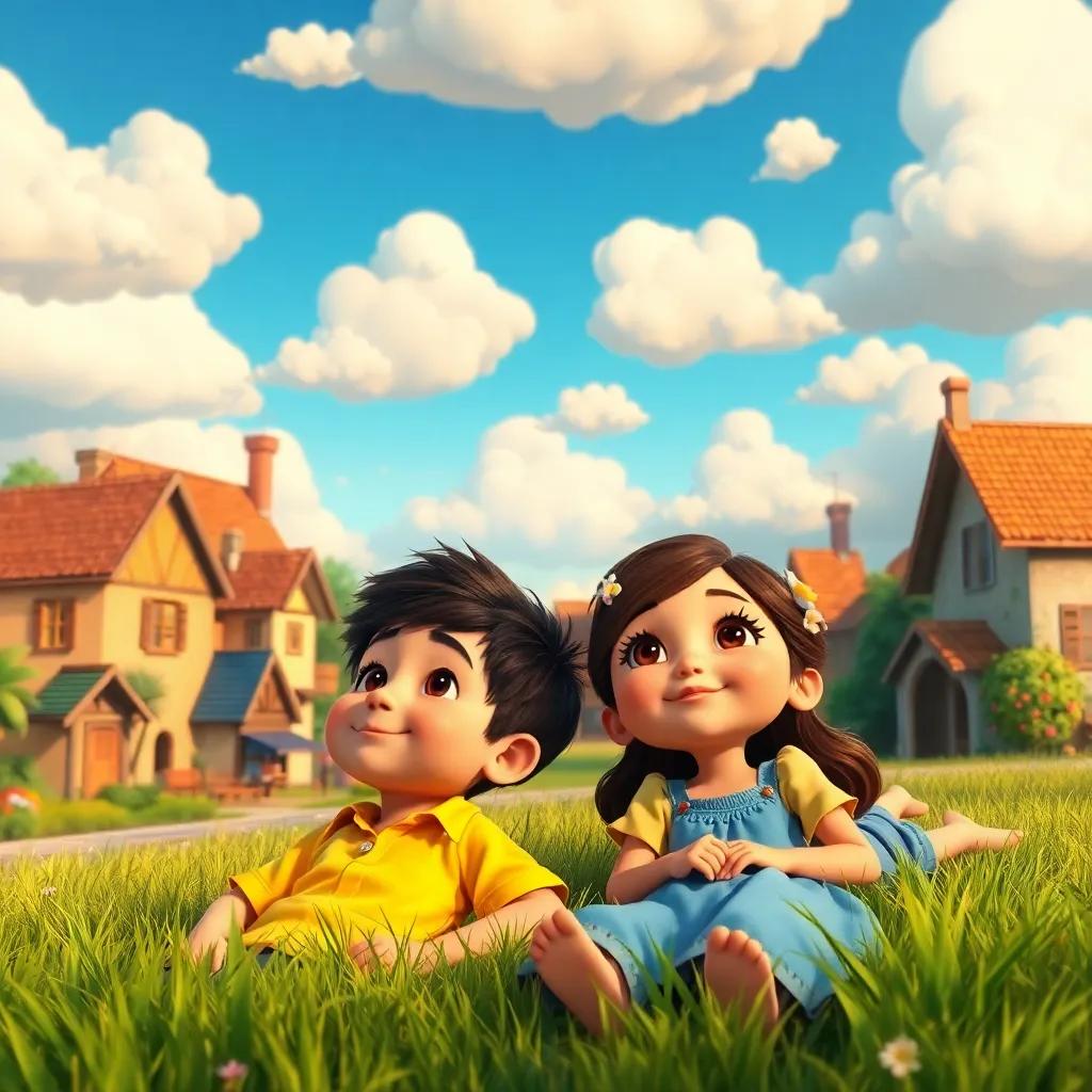 A small village with two children, Leo, a young Hispanic boy with short black hair wearing a yellow shirt, and Ana, a young Hispanic girl with long brown hair wearing a blue dress, lying on the grass, looking up at the sky filled with fluffy clouds, cheerful and dreamy atmosphere, colorful, digital art, highly detailed, warm lighting