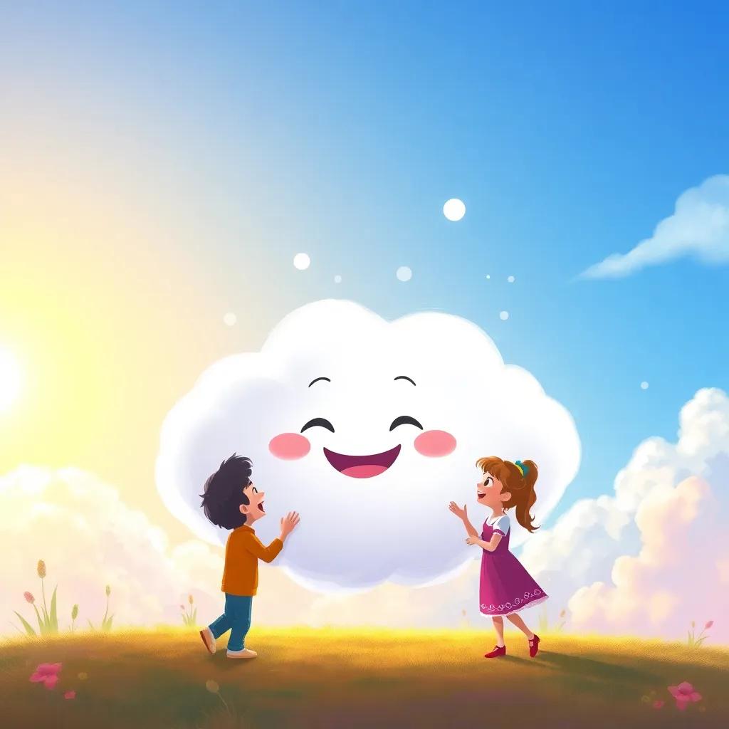 A magical cloud, fluffy and smiling, floating low to the ground, talking to Leo and Ana, who look amazed and excited, surrounded by bright colors, shining sun, fantasy atmosphere, illustration, child-friendly, engaging scene