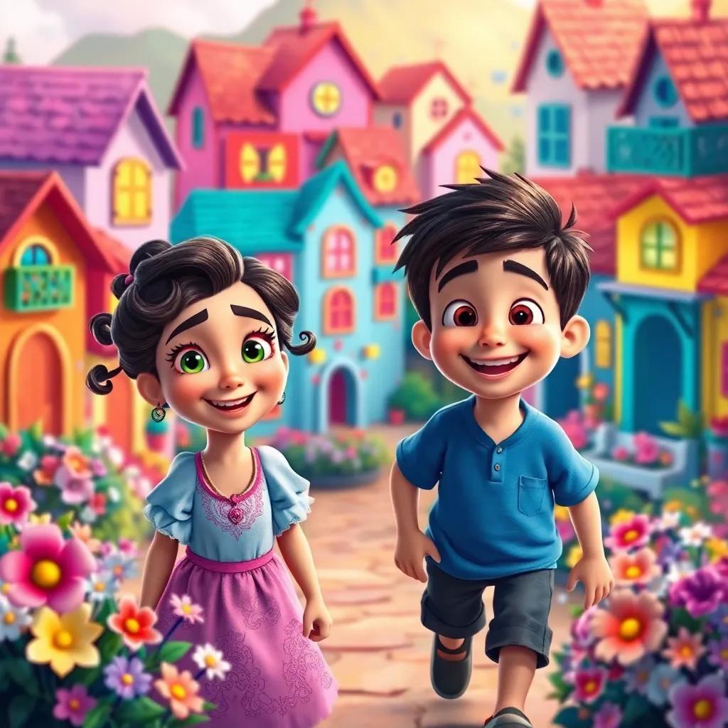 A colorful village filled with magic, with bright houses, flowers everywhere, and two happy children, Sofía with curly hair and green eyes, and Martín wearing a blue shirt, smiling and playing, digital art, vibrant colors, cheerful atmosphere, high quality.