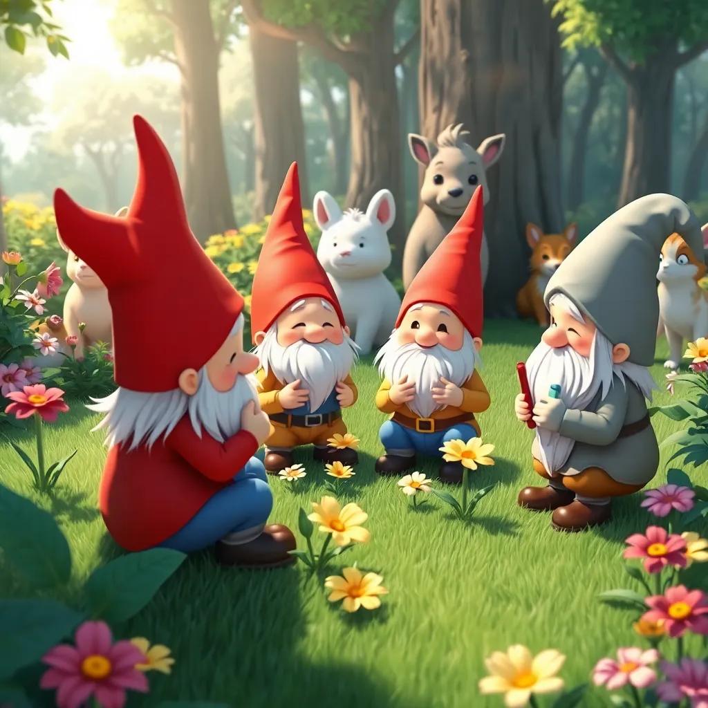Un grupo de gnomos planeando sus travesuras en un claro del jardín, con flores que cantan, los animales del bosque mirando asombrados, ilustración infantil, colorido, divertido, calidad alta