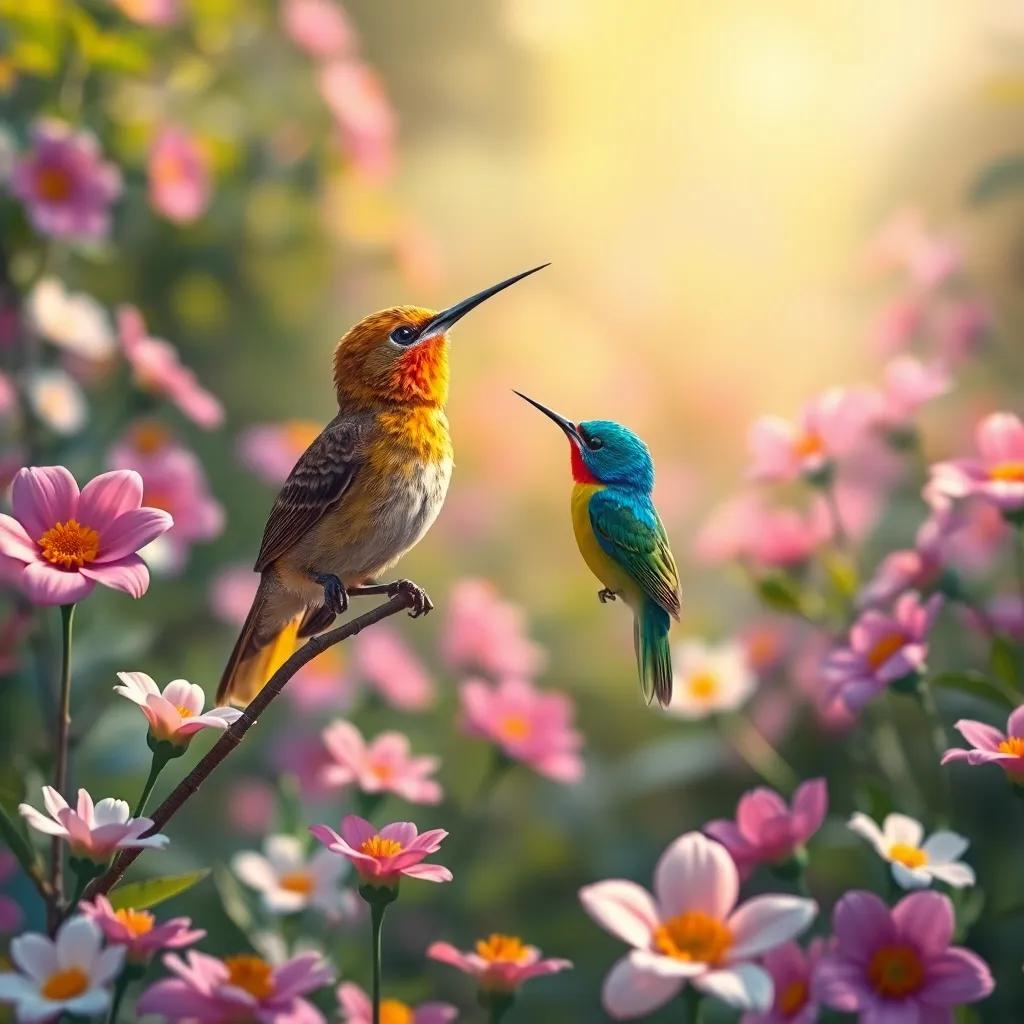 Un colibrí observando a las flores que cantan, colores brillantes y un fondo de jardín lleno de flores, mágicas y alegres, arte digital, alegre, calidad alta