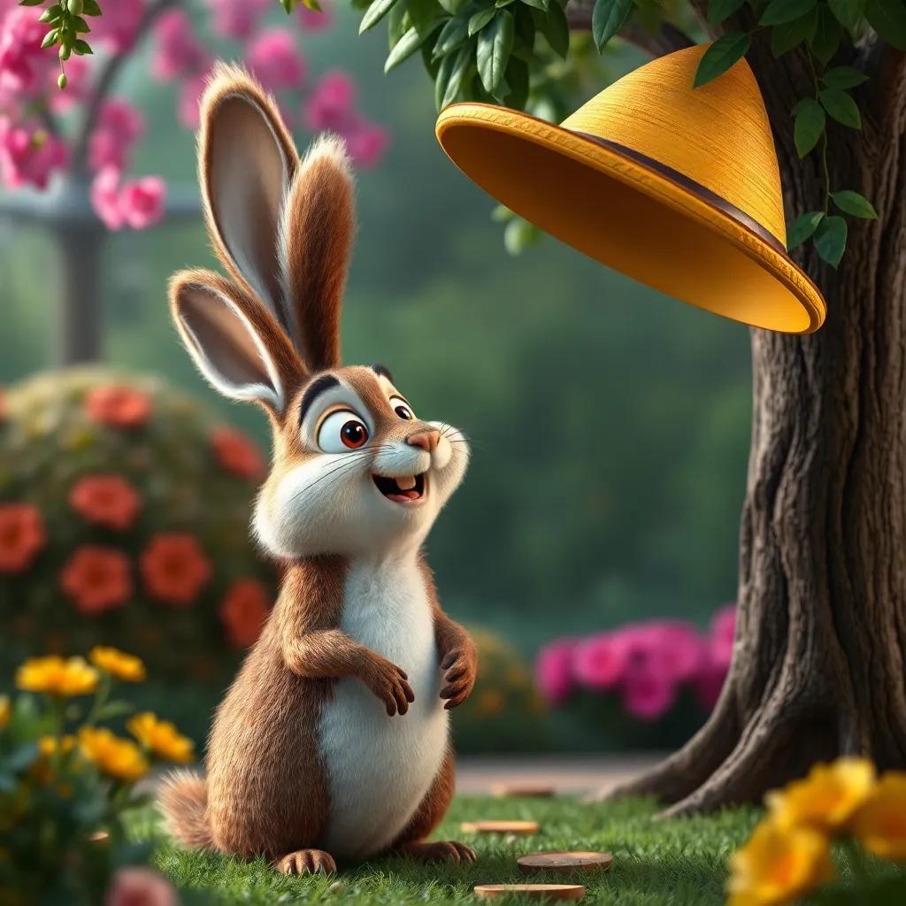 Un conejo sorprendido mirando un gran sombrero gigante cayendo de un árbol, expresión cómica y divertida, fondo del jardín, digital art, encantador, calidad alta
