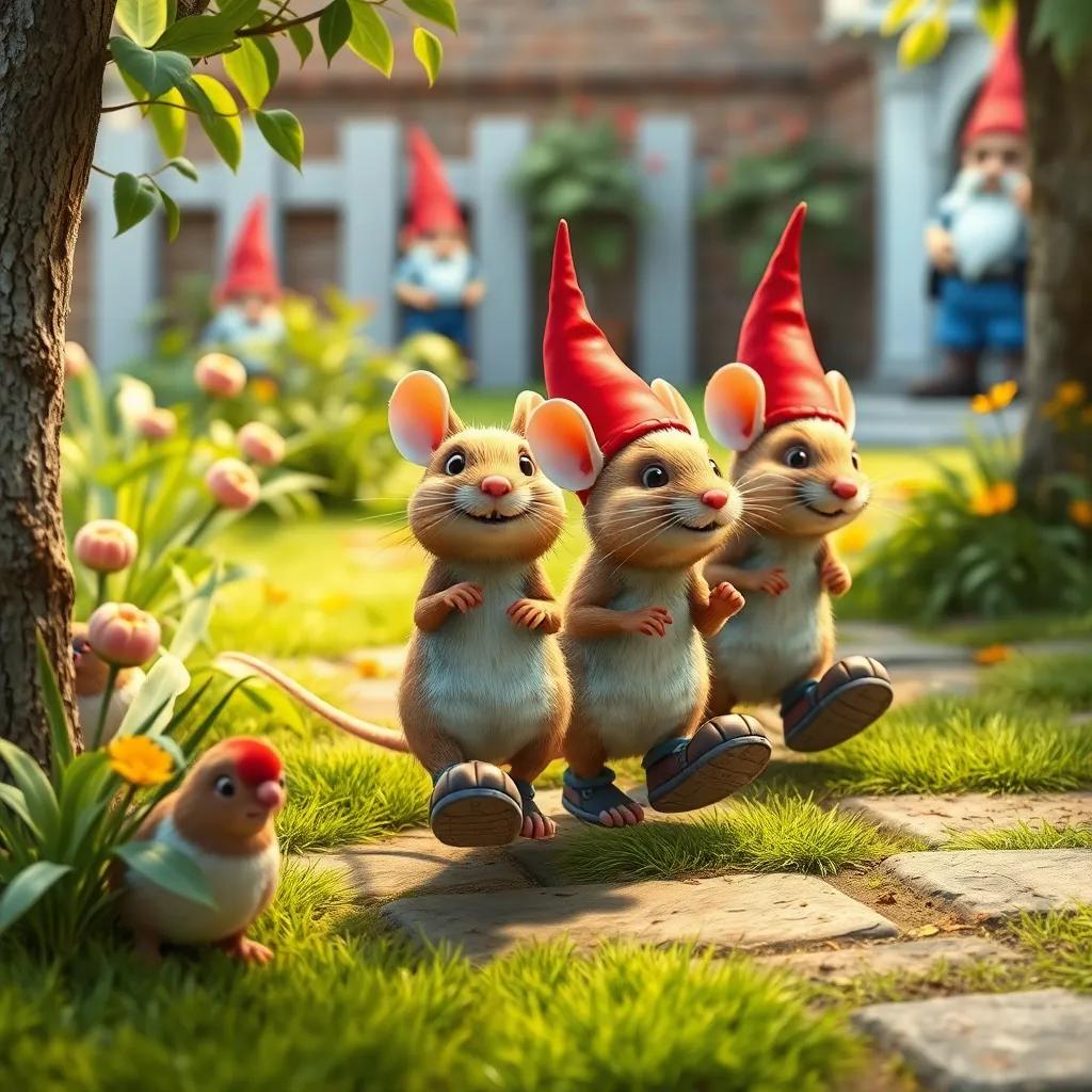Ratones intentando caminar con zapatos grandes, corriendo de un lado a otro mientras los gnomos ríen, escena divertida y colorida en el jardín, ilustración, humorística, calidad alta