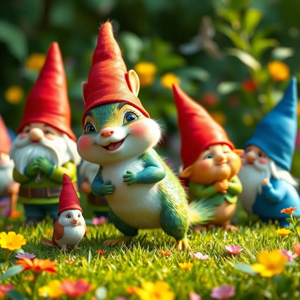 Una ardilla emocionada uniéndose a los gnomos en sus travesuras, todo el grupo riendo y planeando, jardín lleno de colores brillantes, arte digital, divertido, calidad alta