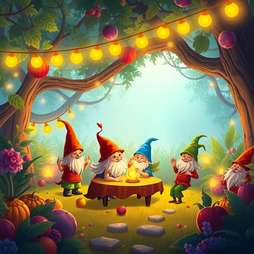 Una fiesta mágica en el jardín, con luces brillantes y animales del bosque disfrutando de frutas, los gnomos mostrando trucos y todos bailando, ilustración, festiva, alegre