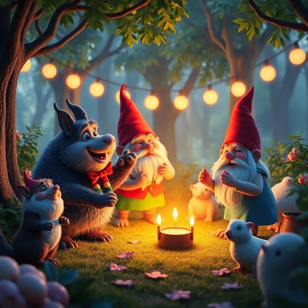 Los animales del bosque riendo y bailando con los gnomos al final de la fiesta, un ambiente de alegría y amistad, jardín iluminado, arte digital, amoroso, calidad alta