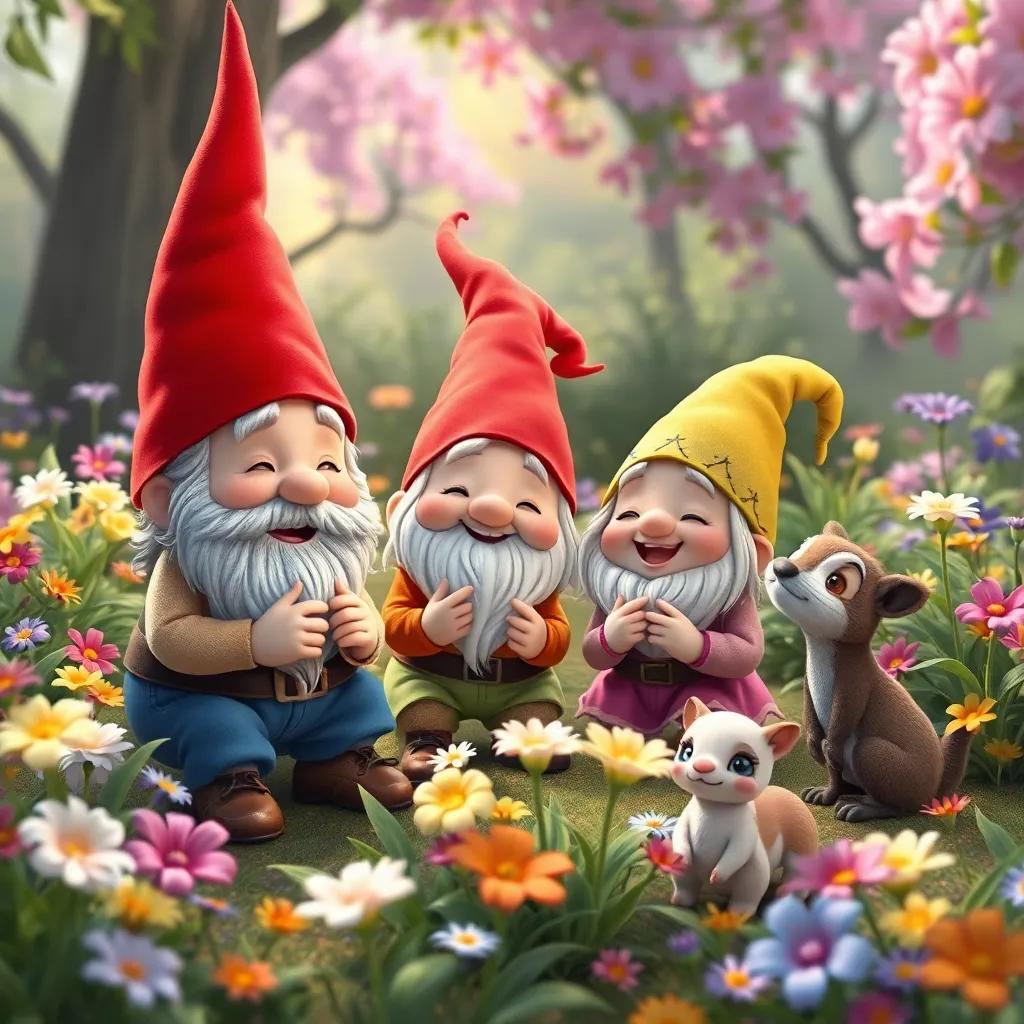 Los gnomos y animales del bosque sonriendo y disfrutando juntos en un jardín lleno de flores, un ambiente de amistad y alegría, ilustración, colorido, calidad alta