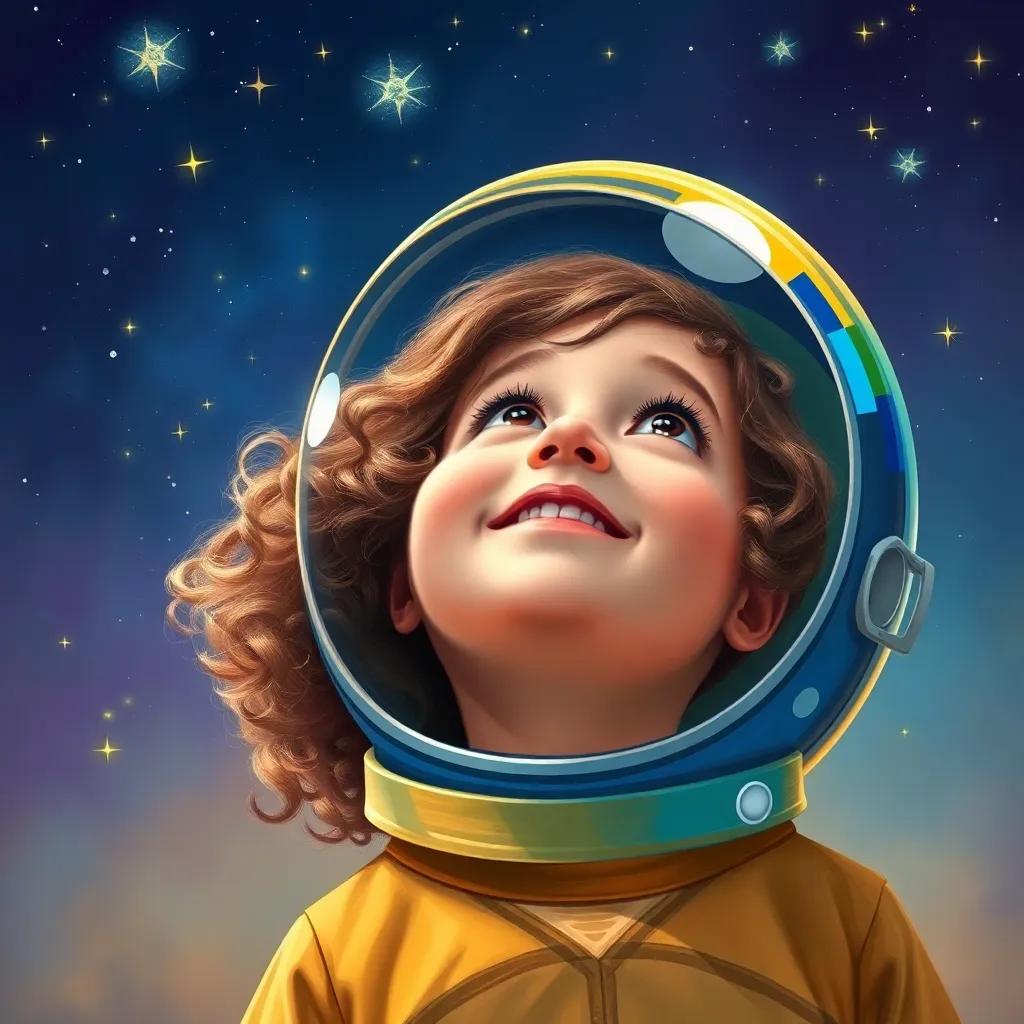 A 4-year-old girl, Laura, with curly brown hair wearing a colorful space helmet, looking up at a starry sky with sparkling stars, joyful and adventurous, digital art, vibrant colors, high quality, child-friendly