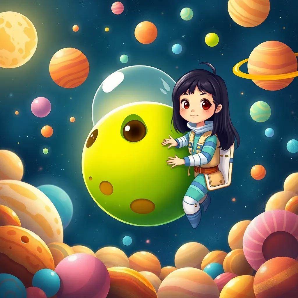 A small, bright green planet in outer space with Laura and her sister, Sofía, a 3-year-old girl with straight black hair in a cute space suit, meeting Zog the friendly monster, surrounded by colorful planets, cheerful atmosphere, digital illustration, imaginative design, high quality