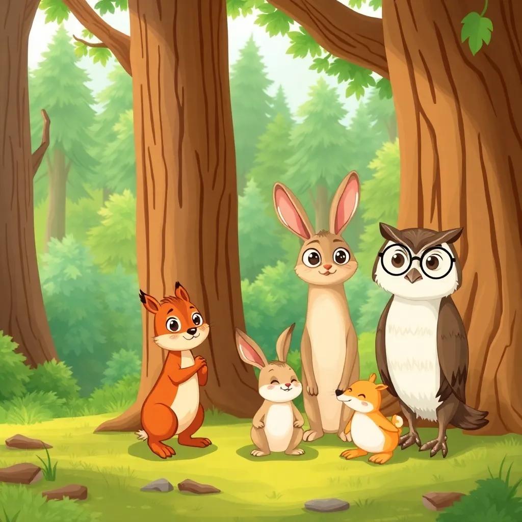 A gathering of woodland animals including a quick squirrel, a clever rabbit, and a wise owl around a large tree, with determination on their faces, forest background, lush greenery, bright day, illustration, cheerful and engaging, child-friendly