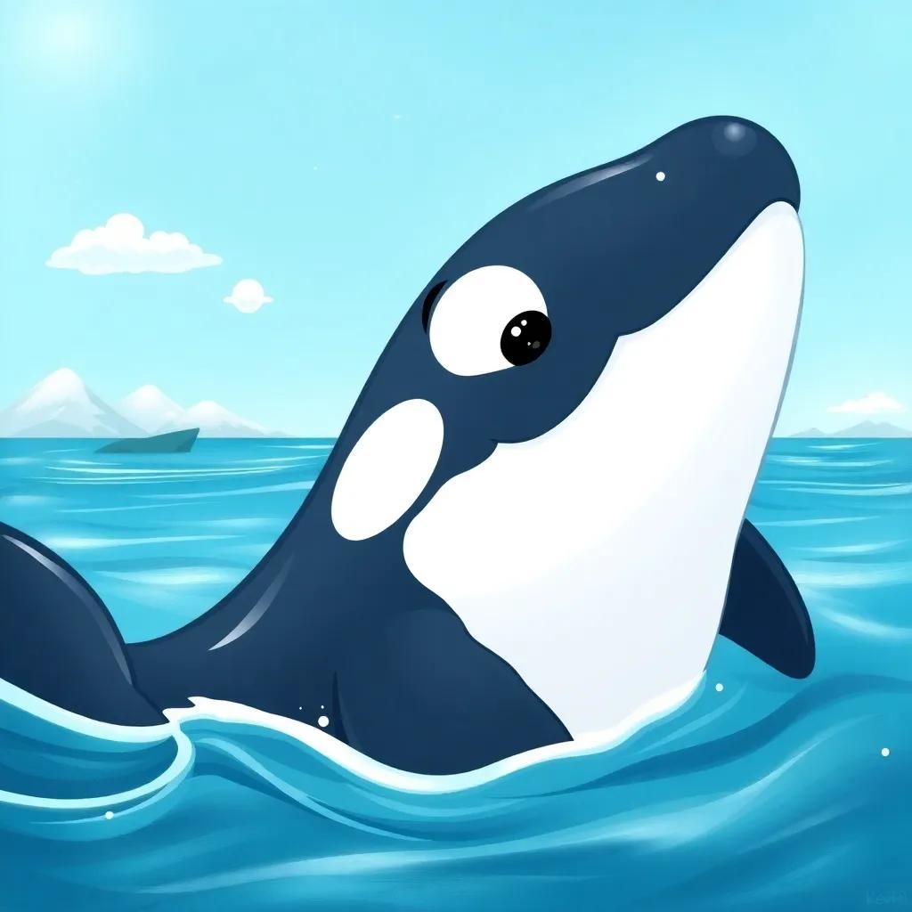 A cheerful orca named Lory, living in cold Scottish waters, dreaming while looking at the blue sky, digital art, bright colors, serene atmosphere, high quality