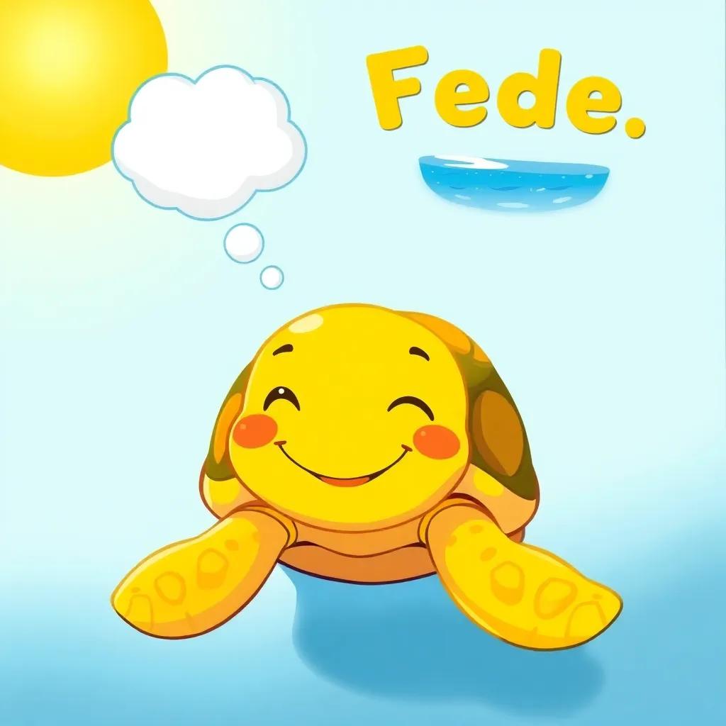 A happy turtle named Fede, swimming in the sunny ocean of Tenerife, with a dreamy expression while thinking about the blue Eolian Sea, illustration, vibrant colors, joyful feel, high quality