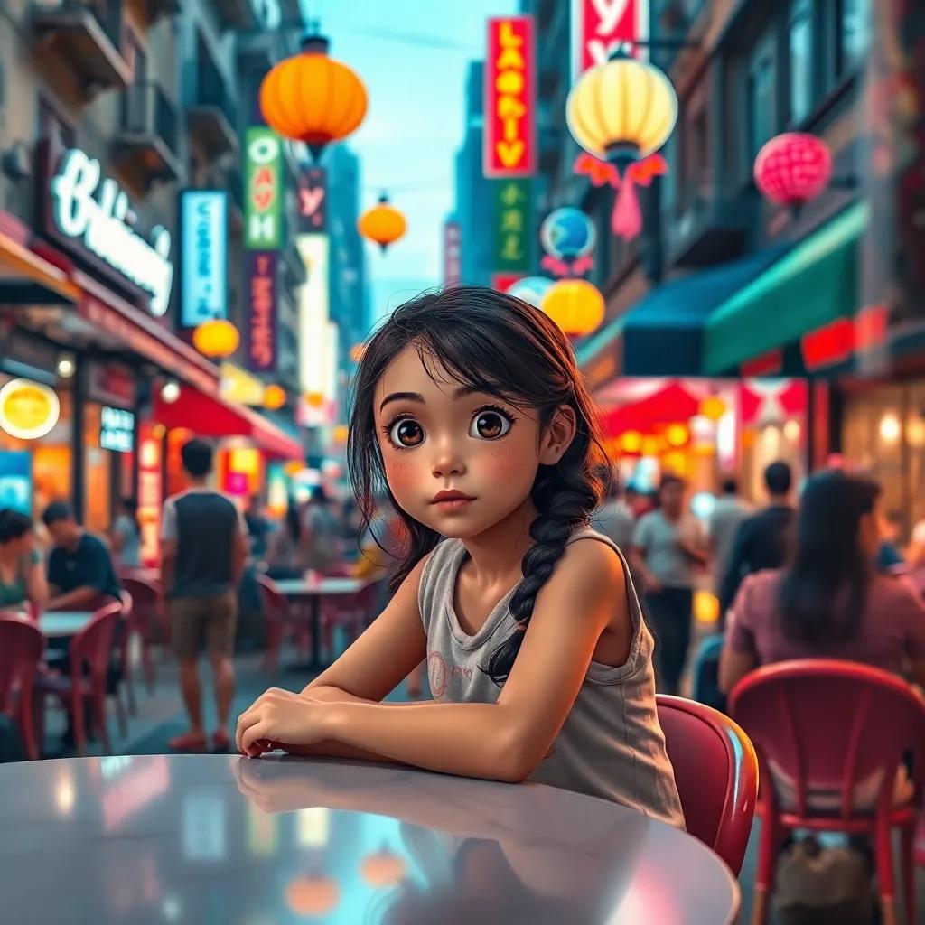 A busy city street filled with people, with cafes and bright lights, Layan, a young girl, sitting alone at a table by the window, looking lost but curious, digital art, vibrant colors, lively atmosphere, whimsical