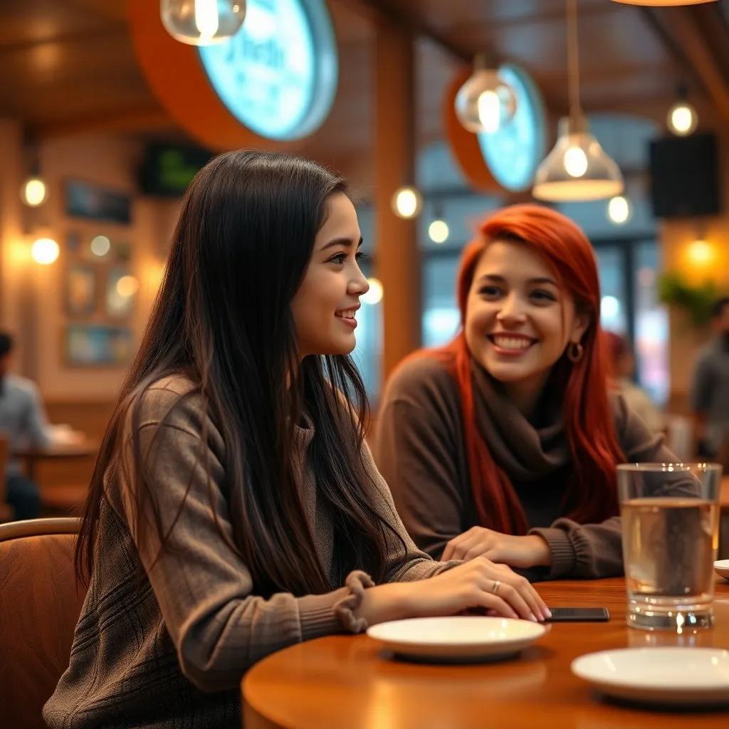 Layan, a young girl with long dark hair, looking at her friend Ruba, who has fiery red hair and a big smile, sitting at the café table, cozy indoor lighting, happy and inviting, warm colors