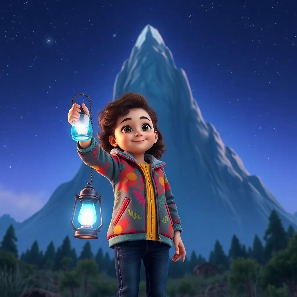 A young girl, Layla, with curly brown hair, wearing a colorful jacket and jeans, holding a glowing blue lantern, standing in front of a tall, mystical mountain under a starry sky, excitement in her eyes, digital art, vibrant colors, whimsical, inviting atmosphere