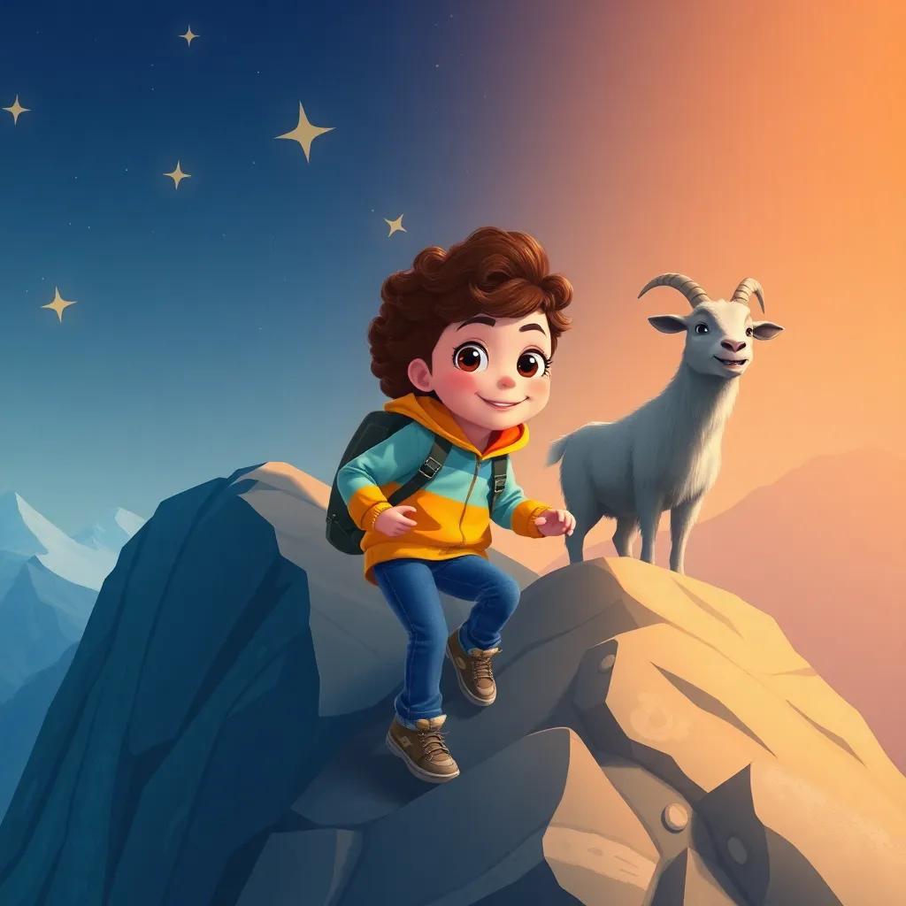 Layla, a young girl with curly brown hair in a colorful jacket and jeans, climbing a steep mountain path, with a wise old mountain goat beside her, the wind blowing gently, and a backdrop of bright stars, illustration, cheerful adventure, captivating scene
