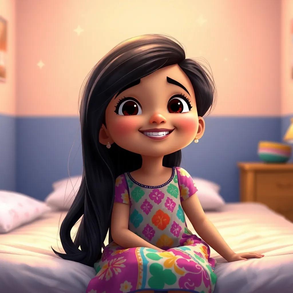 A young Arab girl, Layla, with long, dark hair wearing a colorful dress, smiling brightly while looking at the stars, sitting on her bed in a small room, digital art, vibrant colors, dreamy atmosphere, cheerful perspective, high quality