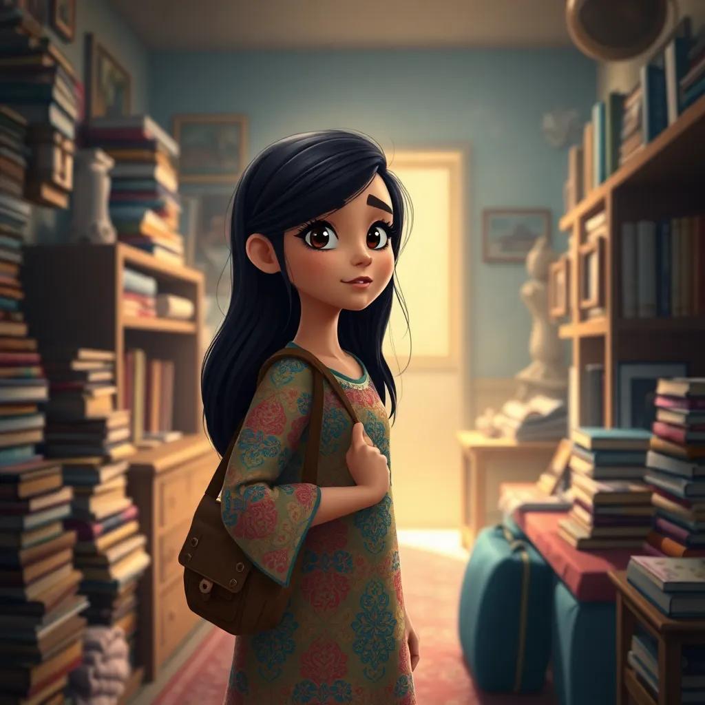 Layla, a young Arab girl with long, dark hair in a colorful dress, packing a small bag in her modest room filled with books and dreams, determined expression, warm light, soft colors, intimate view, high quality