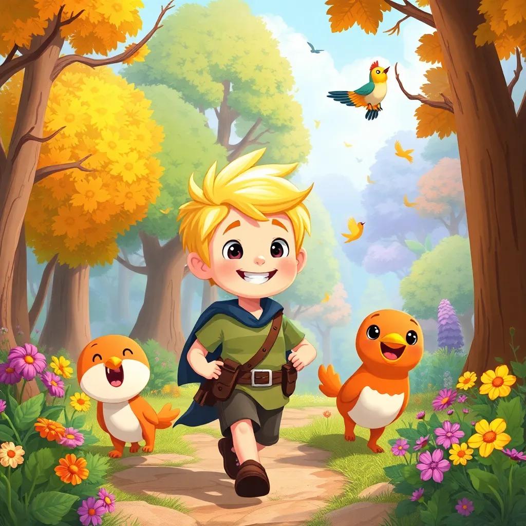 A brave little boy, Leo, with blonde hair and a bright smile, leading his friends through a colorful forest filled with trees, flowers, and singing birds, cheerful atmosphere, bright colors, enchanting scenery, digital art