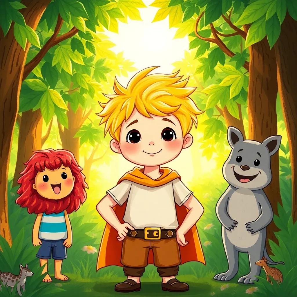 Leo, a brave little boy with blonde hair, standing confidently with friends in a beautiful forest, the sun shining through the leaves, smiles on their faces, vibrant and inviting colors, warm and friendly