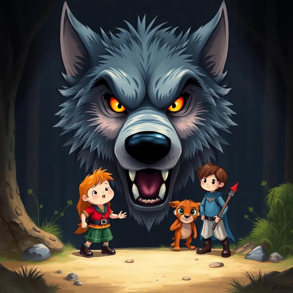 A big wolf with piercing eyes appearing suddenly in front of Leo and his friends, creating a tense atmosphere, dark colors highlighting the wolf's menacing presence, fantasy style, dramatic scene, high quality