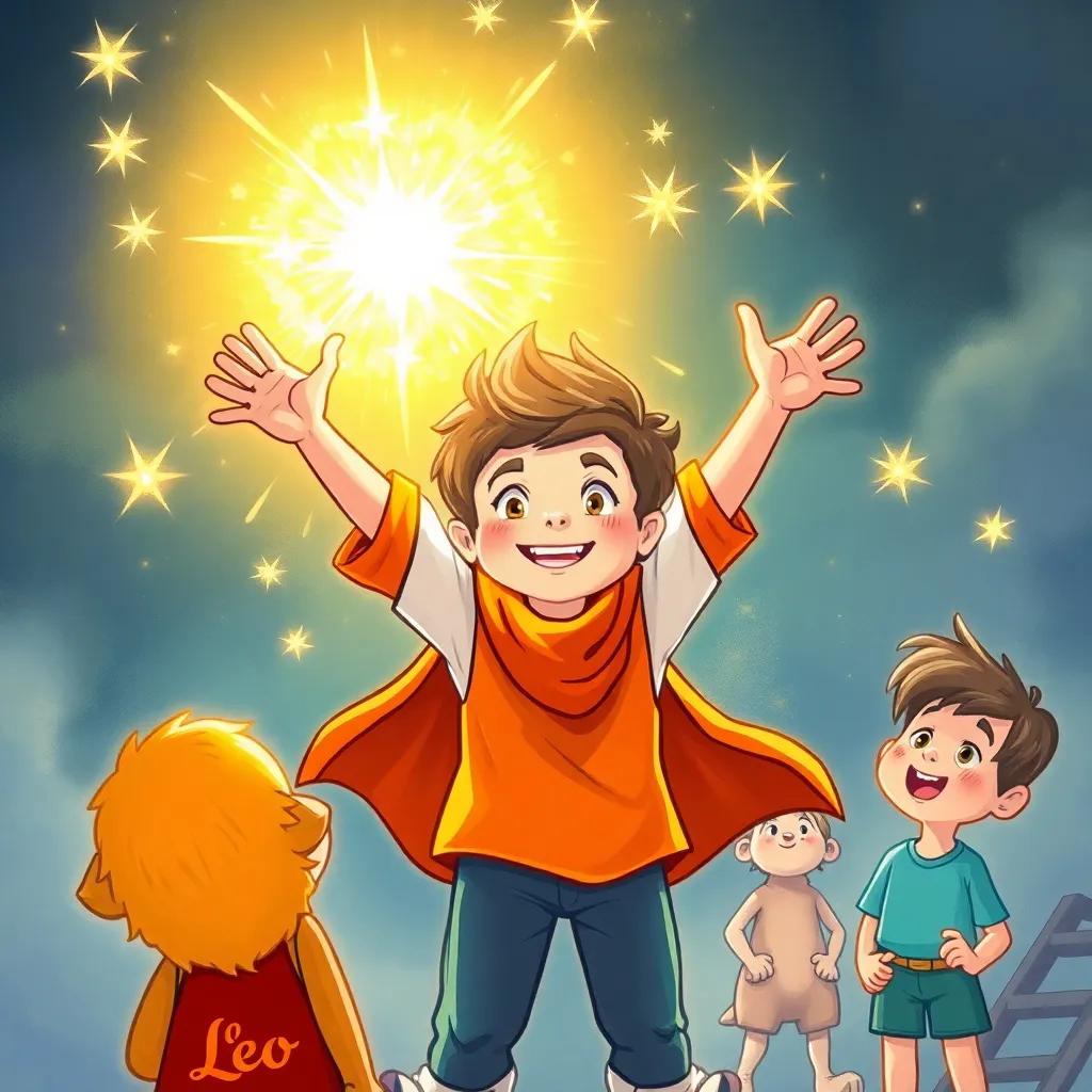 Leo, the brave little boy with a determined expression, raising his arms to cast a magical spell, a bright light surrounding him, his friends watching in awe, glowing colors, enchanting and captivating