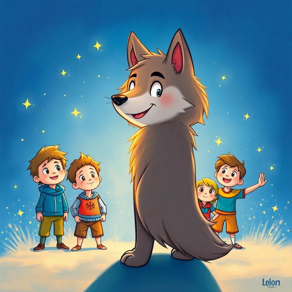 The wolf, momentarily dazzled by the bright light, stepping back with surprise, surrounded by sparkling dust, Leo and his friends looking inspired and courageous, vivid colors, imaginative and joyful atmosphere