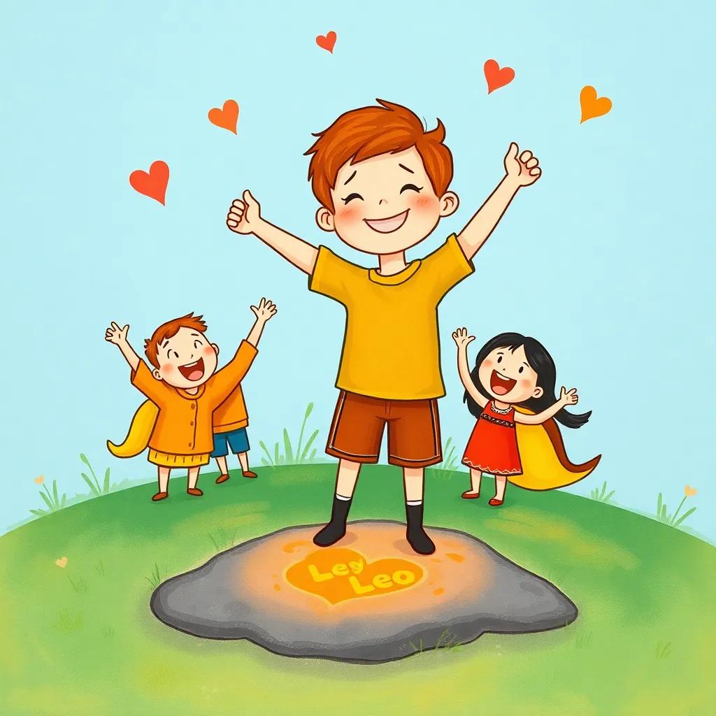 Leo, a brave little boy with a triumphant smile, standing over the spot where the wolf disappeared, friends cheering around him with joy, warm colors symbolizing friendship and happiness, heartwarming scene