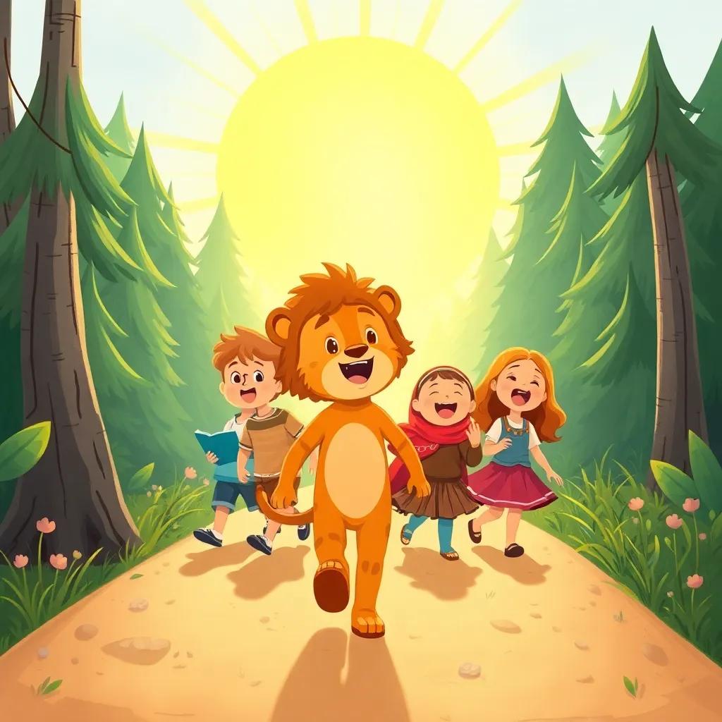Leo leading his friends back home, the forest behind them filled with light, everyone singing and laughing together on a sunny path, bright colors, hopeful mood, friendly illustration