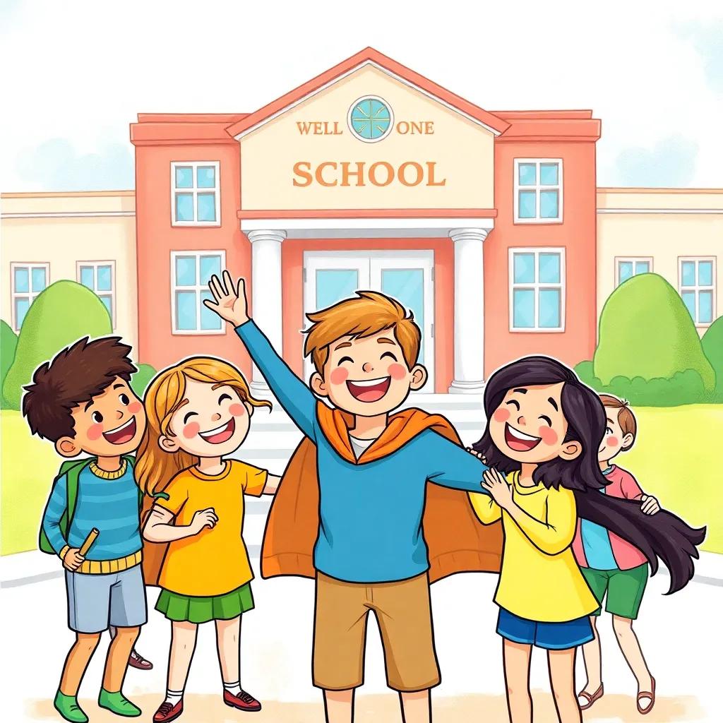 Leo's friends cheerfully surrounding him, thanking him for being their hero, smiles and laughter, the school building in the background waiting to welcome them, beautiful colors, sense of adventure and accomplishment