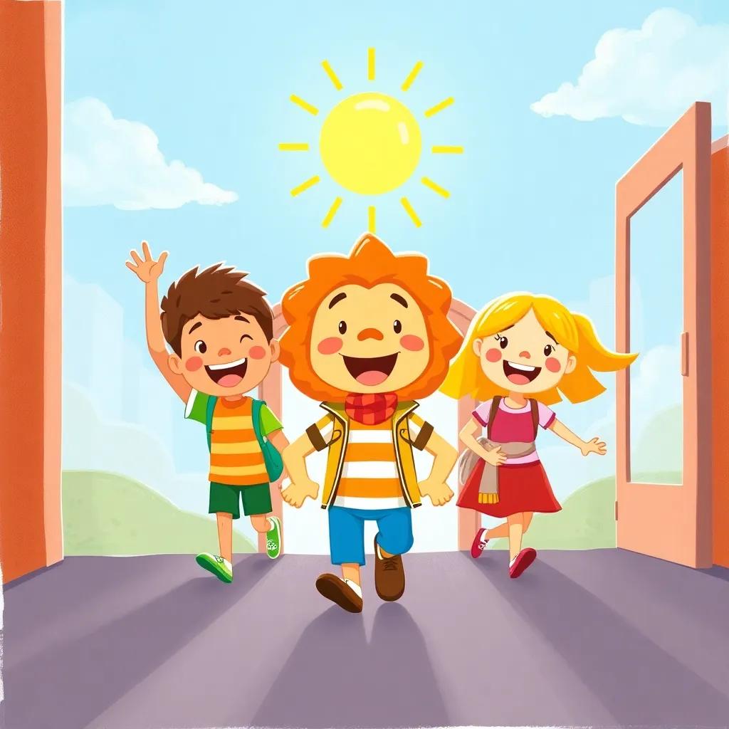 Leo and his friends entering their school cheerful and proud, the sun shining overhead, symbolizing warmth and friendship, vibrant colors, engaging and uplifting