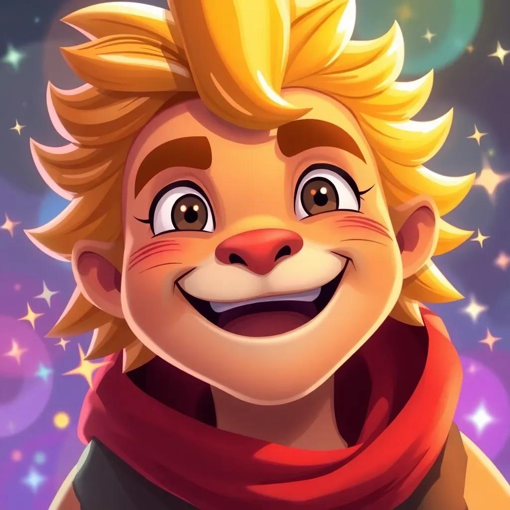 A close-up of Leo with a bright smile, feeling proud and happy, surrounded by sparks of magic, conveying bravery and confidence, colorful backdrop, vibrant energy, charming digital art