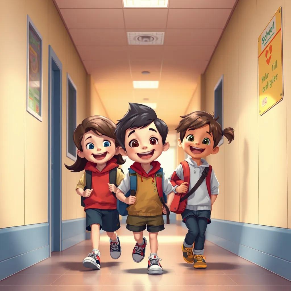 Des enfants souriants, habillés avec des vêtements neufs, entrant dans l'école avec excitation, couloirs animés, illustration, style joyeux, couleurs vives, ambiance accueillante, qualité élevée