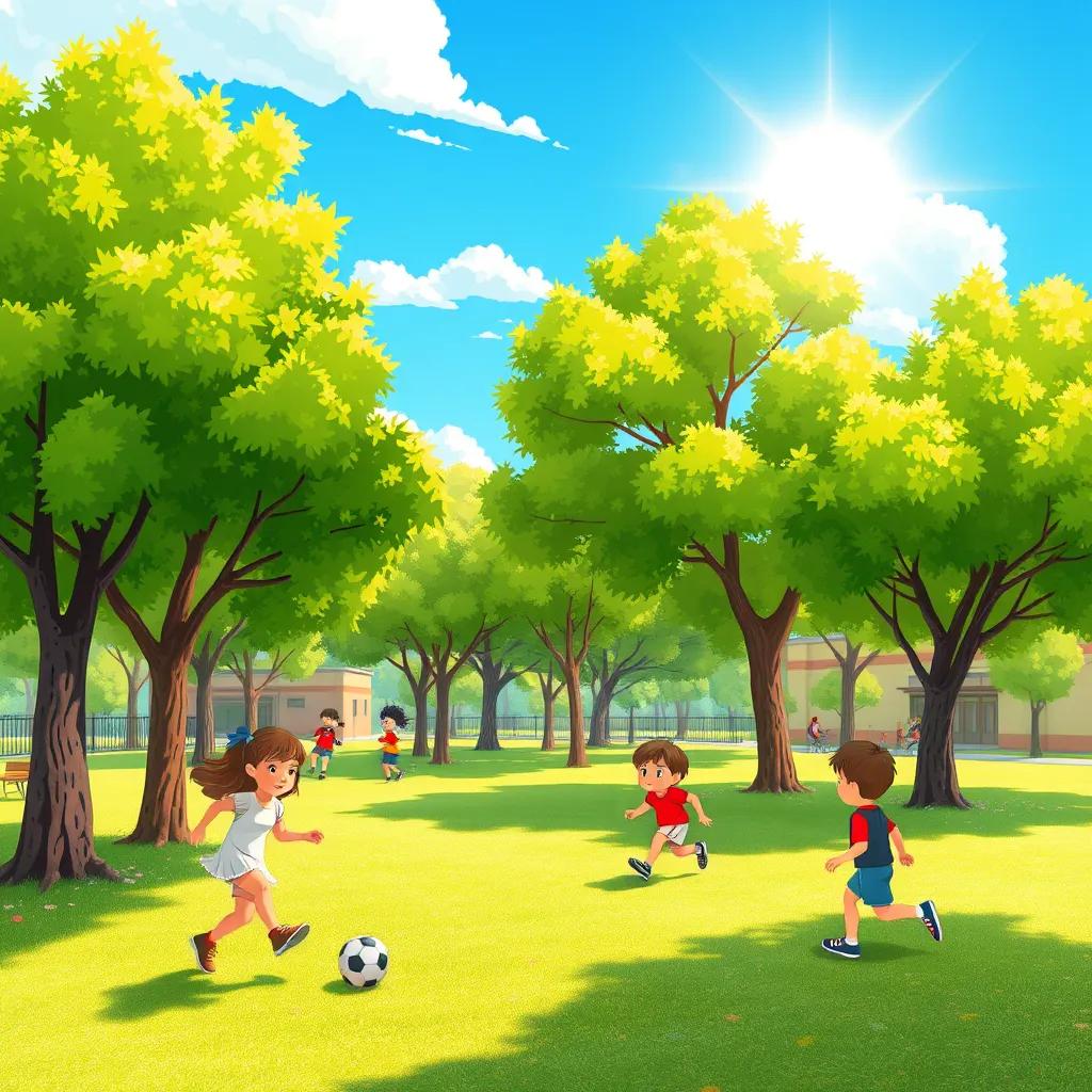 Un parc scolaire avec des arbres verts et des enfants jouant au football, ciel bleu et soleil brillant, illustration, joyeuse, ambiance énergique, qualité élevée