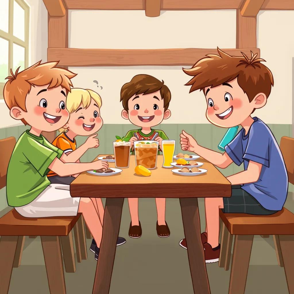 Des enfants à la cantine, assis à une table, partageant leur déjeuner, sourires et rigolades, illustration, chaleureuse, couleurs joyeuses, qualité nette