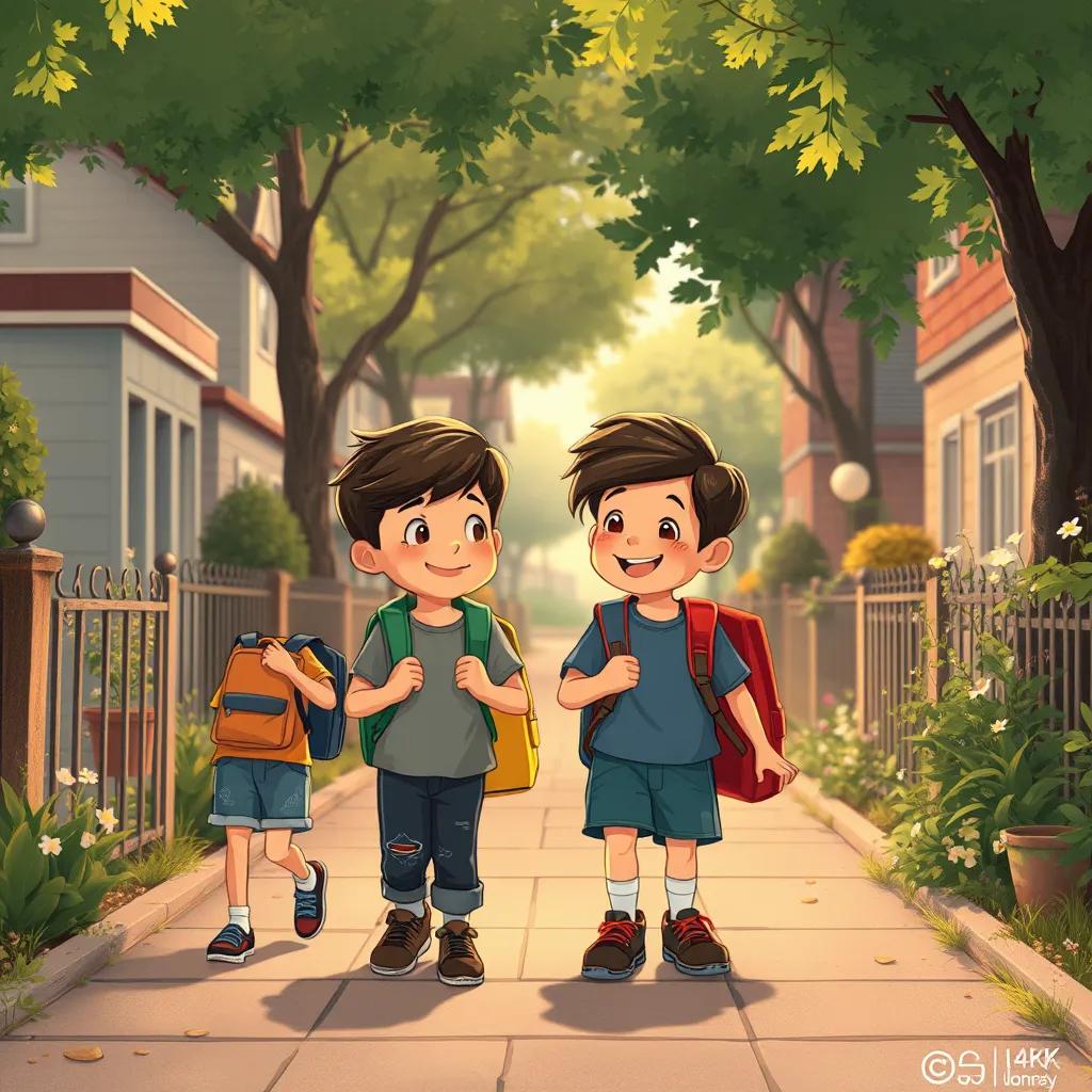 Des enfants rentrant chez eux, tenant des sacs d'école, discutant joyeusement ensemble, traînant dans un quartier résidentiel, illustration, nostalgique, ambiance heureuse, haute qualité