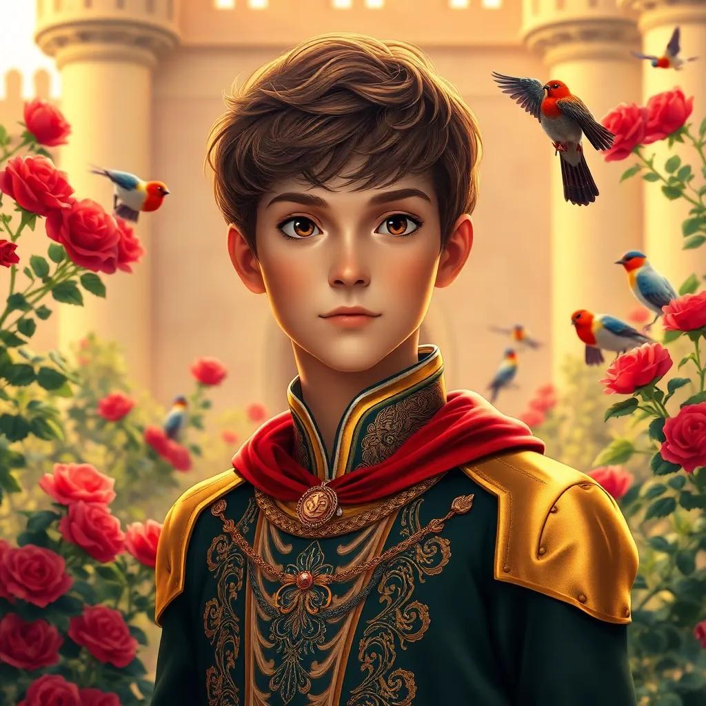 A rich prince named Louis, a young Caucasian boy with short brown hair, wearing elegant royal clothing, standing in a golden castle garden surrounded by red roses and singing birds, detailed digital art, warm afternoon light, vibrant colors, enchanting perspective, high quality