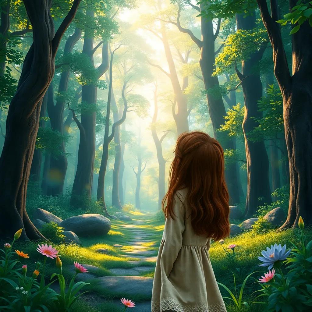 A curious girl named Lea, with long brown hair and wearing a simple dress, looking excitedly at the entrance of an enchanting forest with sunlight streaming through the trees, digital art, bright colors, magical atmosphere, inviting perspective, high quality
