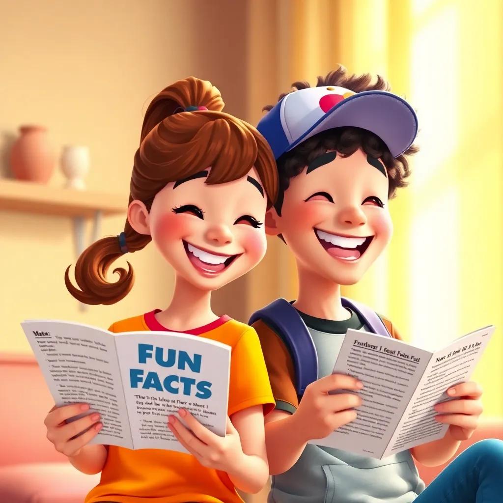 Lily with brown hair in a ponytail wearing a bright t-shirt, Max with curly hair wearing a cool cap, both laughing as they read fun facts, colorful illustrations, joyful expressions, engaging and warm light