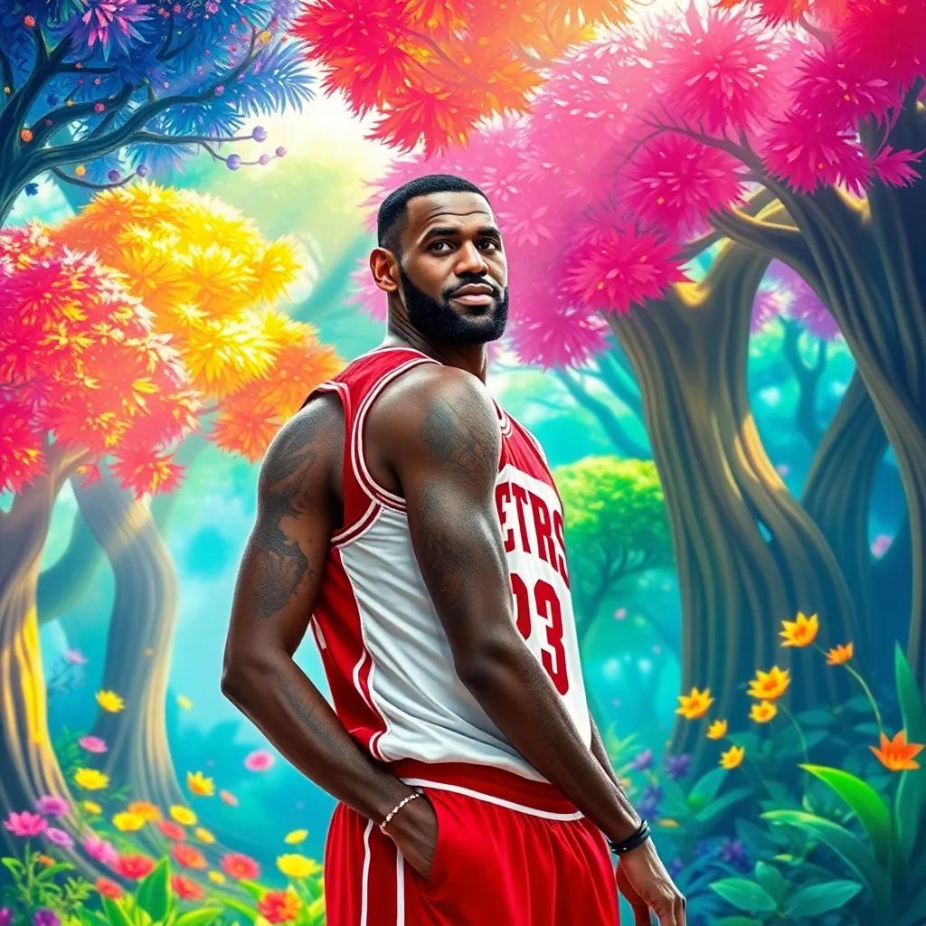 A famous basketball player, LeBron James, with short black hair, wearing a red and white basketball jersey and shorts, standing at the edge of a colorful Enchanted Forest with dancing trees and bright flowers, vibrant sunlight filtering through the leaves, digital art, cheerful atmosphere, whimsical elements, high quality