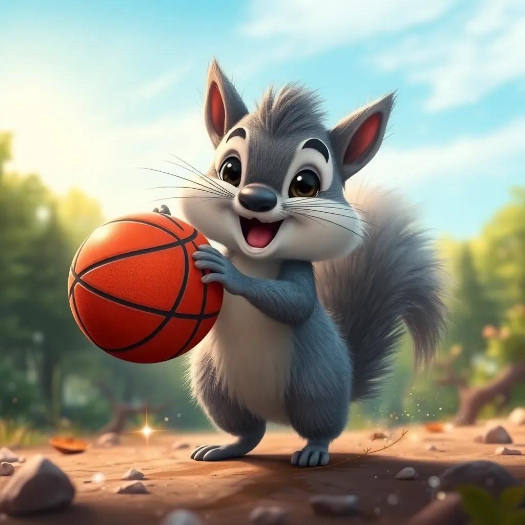 A playful squirrel named Sammy, small and cute with fluffy gray fur and a bushy tail, bouncing a basketball with LeBron James in the Enchanted Forest, surrounded by sparkling magical dust and a happy blue sky, illustration, dynamic and fun, child-friendly, high quality