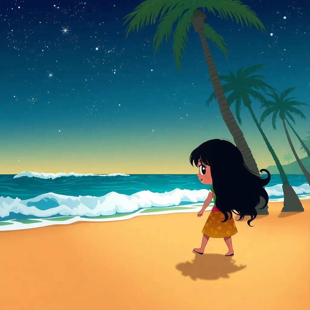 Leila sneaking out at night on a beach, ocean waves crashing, feeling brave, tall palm trees swaying in the wind, detailed illustration, night sky filled with stars, playful mood, child-friendly