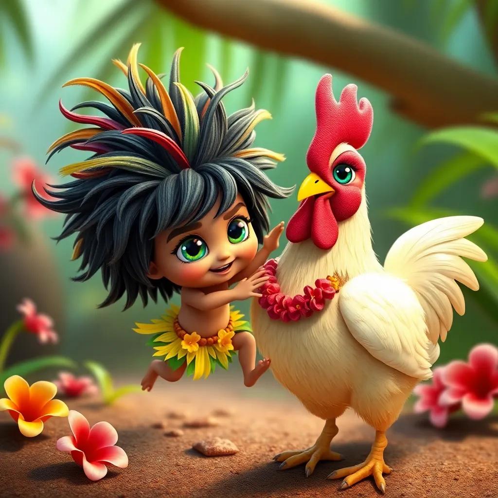 Tiny menehune with wild hair, colorful eyes, dancing mischievously around Moa the chicken, who is tied up with leis, bright and fun colors, enchanting scene, imaginative design, lively atmosphere